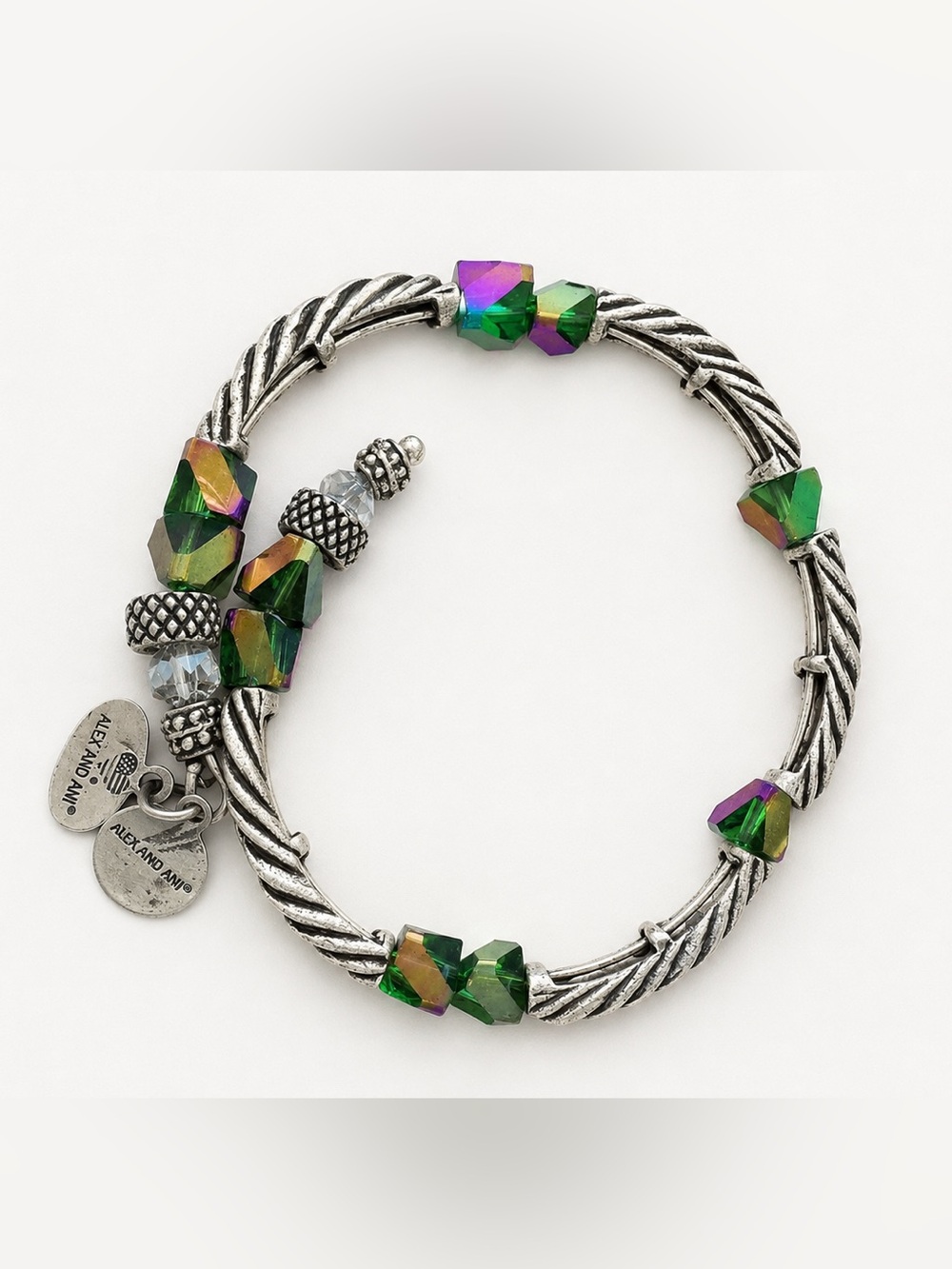 Alex and Ani expandable wire bangle bracelet with  faceted aurora beads